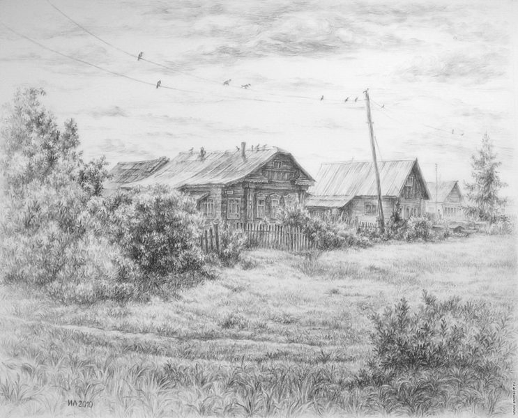Рисунки карандашом сельский пейзаж (29 фото)